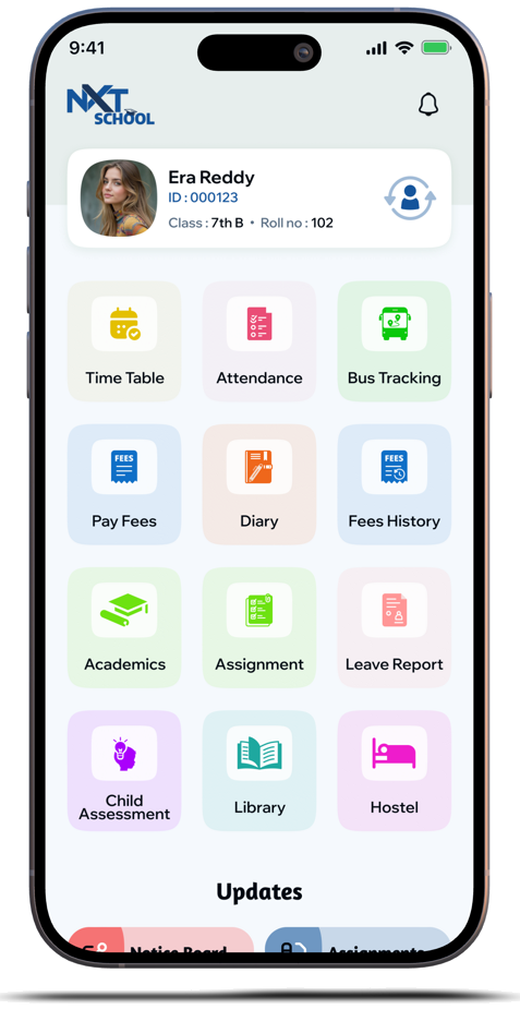 NXT School parent app — today's schedule, attendance, fees and bus tracking